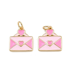 Pink Латунь эмаль прелести, конверт очарование, с прыжковых колец, стойки покрытие, реальный 18 k позолоченный, без свинца и без кадмия, долговечный, розовые, 14.5x13x2 мм, отверстие : 3.4 мм