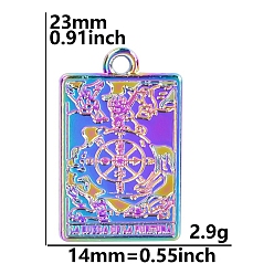 Rainbow Color Pendentifs en alliage de couleur arc-en-ciel, rectangle avec motif tarot, la roue de la fortune x, 23x14mm