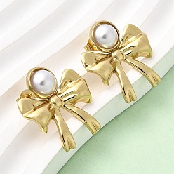 Bowknot 201 серьги-гвоздики из нержавеющей стали и АБС-пластика с жемчугом, с 304 штифтов из нержавеющей стали, вакуумное покрытие pvd, золотые, бантом, 25.5x22 мм