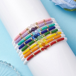 Смешанные камни 8шт. браслеты из натуральных смешанных драгоценных камней и стеклянных бусин для женщин, круглые, с латунными и стеклянными бусинами, бусины : 2~3.5x3 мм, внутренний диаметр: 2.09~2.20 дюйм (5.3~5.6 см)