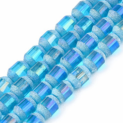 Dunkeltürkis Transparent galvanisieren Glasperlen Stränge, matt, Fass, dunkeltürkis, 9x7 mm, Bohrung: 1 mm, ca. 60~62 Stk. / Strang, 21.50~22.13 Zoll (54.6~56.2 cm)