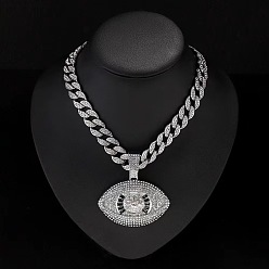 Платина Мужские кубинские звенья цепи из цинкового сплава, полностью украшенные кристаллами и стразами, с черной эмалью и кулоном от сглаза, платина, 17.72 дюйм (45 см)