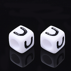 Letter U Letter Acrylic Beads, Cube, White, Letter U, Size: about 7mm wide, 7mm long, 7mm high, hole: 3.5mm, about 2000pcs/500g