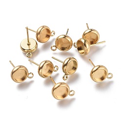 Golden Ion Plating(IP) 304 Stainless Steel Stud Earring Settings, with Loop, Flat Round, Golden, Flat Round: 11x8.3mm, Hole: 1.6mm, Pin: 0.8mm, Tray: 6mm