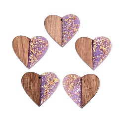 Средний Фиолетовый Подвески из непрозрачной смолы и орехового дерева, сердце прелести, с блестящей пудрой и золотой фольгой, средне фиолетовый, 37.5x39x3~3.5 мм, отверстие : 2 мм