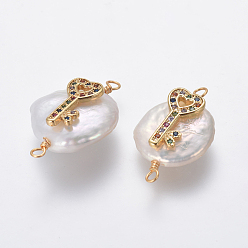 Colorido Conectores de eslabones de perlas naturales, con micro latón allanar hallazgos de circonio cúbico, pepitas con llave de corazón, dorado, colorido, 21~25x13~15x6~8 mm, agujero: 1.6 mm