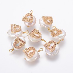 Libra Natural Cultured Freshwater Pearl Pendants, with Brass Micro Pave Cubic Zirconia Findings, Nuggets with Constellation, Golden, Fuchsia, Libra, 17~22x11~16x5~11mm, Hole: 1.6mm