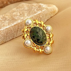 Природный Драгоценный Камень 304 регулируемые манжеты из нержавеющей стали с натуральными драгоценными камнями и пластиковой имитацией жемчуга для женщин, ромб, золотые, 37.5x31.5 мм, регулируемый