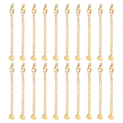 Настоящее золото 18K 20шт 304 удлинитель цепи из нержавеющей стали, концевые цепочки с застежками-карабинами и петлями в виде сердечек, реальный 18 k позолоченный, 68~70 мм