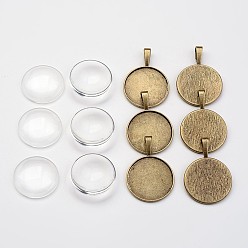 Античная Бронза Настройки сплава кулон кабошон скошенных пузырь Locket, Прозрачные стеклянные кабошоны, плоско-круглые, без свинца и без никеля , античная бронза, 38.5x27x2.5 мм, отверстие : 8x4 мм, стеклянные кабошоны: 25x7 мм, 6sets / коробка