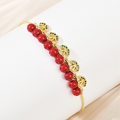 Настоящее золото 18K Латунь микро проложить кубический цирконий слайдер браслеты, АБС-пластик браслеты с подвесками в виде вишни и жемчуга для женщин, без свинца и без кадмия, стойки покрытие, реальный 18 k позолоченный, 11 дюйм (28 см)