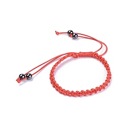 Red Adjustable Waxed Polyester Braided Cord Bracelets, Red String Bracelets, with Non-Magnetic Synthetic Hematite Beads, Red, 2-1/4 inch(5.75cm)