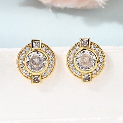 Clear Brass Micro Pave Cubic Zirconia Stud Earrings, Round, Rack Plating, Long-Lasting Plated, Cadmium Free & Lead Free, Real 18K Gold Plated, Clear, 13x11.5mm