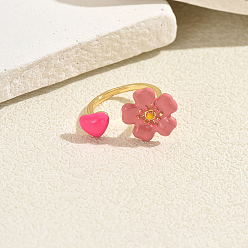 Pink Anillos abiertos de latón esmaltado para mujer, flor con el corazón, dorado, rosa, 16~18 mm