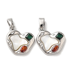 Platinum Brass Micro Pave Cubic Zirconia Pendants, Cadmium Free & Nickel Free & Lead Free, with Shell, Heart, Platinum, 16x14x3mm, Hole: 5x2mm