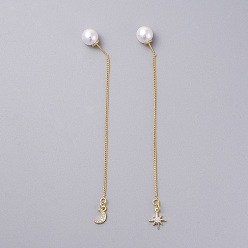 Golden Ear Threads, with Brass Micro Pave Cubic Zirconia Charms, Brass Stud Earring Findings and Acrylic Imitation Pearl Ear Nuts, with Cardboard Packing Box, Moon & Star, Golden, 84~86mm, Pin: 0.6mm