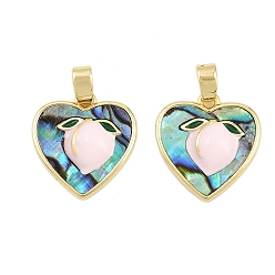 Раковина Природные пауа оболочки подвески, сердце с персиковыми подвесками, с латунной оправой и эмалью, реальный 18 k позолоченный, 15.5x14.5x3.5 мм, отверстие : 3x4.5 мм