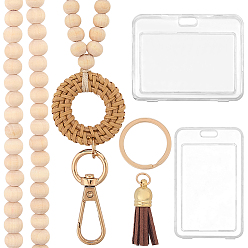 (404) Непрозрачное AB Кислое яблоко 1Ремешок для именной карточки из круглого дерева с бусинами, с металлическими кольцами и кисточкой, 2шт. прозрачные пластиковые держатели для удостоверений личности, цветочный белый, 22.05 дюйм (56 см)