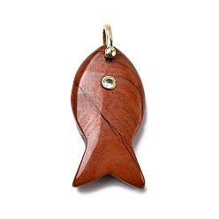 Красный Камень Природные красной яшмы подвески, подвески в виде рыбок с латунной микрофиброй и фианитами, золотые, стойки покрытие, 39~40.5x19.5~20.5x9.5~10.5 мм, отверстие : 4.5x5 мм