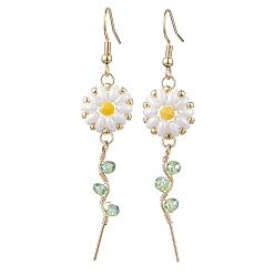 Golden Daisy Flower Glass Dangle Earrings, Alloy Wire Wrapped Long Drop Earrings, Golden, 68~68.5x14mm
