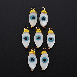 Seashell Color Freshwater Shell Pendants, with Golden Brass Findings, Evil Eye, Seashell Color, 20x7.5x5mm, Hole: 2mm