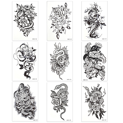 Черный Съемные временные водонепроницаемые татуировки бумажные наклейки, узор с цветами и змеями, чёрные, 15x9.6x0.02 см, 9 шт / комплект