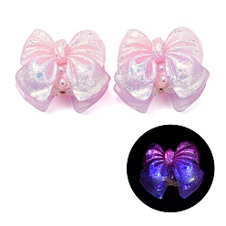 Pink Leuchtende, undurchsichtige Harz-, Strass- und Polymerclay-Perlen, Schleife, mit Glitzerpulver, Leuchten im Dunkeln, rosa, 32~34x39~41x22~24 mm, Bohrung: 2~3 mm