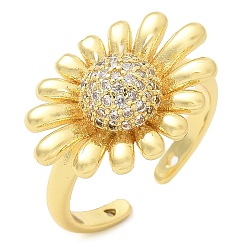 Золотой Латунные кольца из манжеты с прозрачным цирконием, кольца подсолнухи для женщин, золотые, 14.5x20 мм, внутренний диаметр: регулируемый