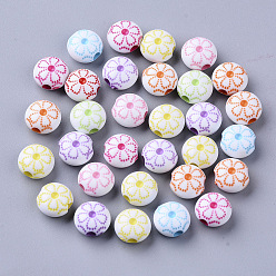 Mixed Color Craft Style Acrylic Beads, Flat Round with Flower, Mixed Color, 9.5x10x6mm, Hole: 2.5mm, about 1500pcs/500g