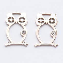 Розовое Золото 316 Соединители звенья микропаве из нержавеющей стали фианиты, сова, прозрачные, розовое золото , 17x11x2 мм, отверстие : 2.5x3 мм