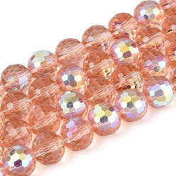 Темный Лосось Гальванизируйте прозрачное стекло бисер нитей, круглые, граненый(96 граненый), с половинным покрытием ab цвета, темный лосось, 7.5~8 мм, отверстие : 1~1.4 мм, около 68~69 шт / нитка, 19.49~19.88 дюйм (49.5~50.5 см)