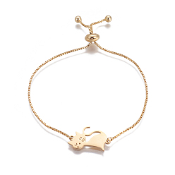 Золотой 201 браслеты-слайдеры для котят из нержавеющей стали, коробка цепи, милый кот, золотые, 9-5/8 дюйм ~ 9-7/8 дюйм (24.5~25 см), Коннекторы : 21x14x1.5 мм