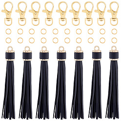 Черный 12шт. подвески-кисточки из искусственной кожи, со сплавочной фурнитурой, в комплекте 24латунных соединительных колец и 12застежек-карабинов, чёрные, 110x14 мм, отверстие : 5 мм