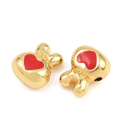 Red Brass Enamel Beads, Rabbit with Heart, Rack Plating, Long-Lasting Plated, Lead Free & Cadmium Free, Real 18K Gold Plated, Red, 15x13x8mm, Hole: 2.5mm