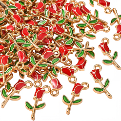 Rouge 100 pendentifs en alliage émaillé, rose forme, or et de lumière, rouge, 19x9x2.5mm, Trou: 1.8mm