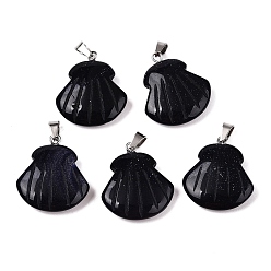 Синий Драгоценный Камень Синтетический синий авантюрин подвески, подвески в форме ракушек с платиновым покрытием, застегивающиеся на петли из металла, 24.5x20.5~21x5.5~6 мм, отверстие : 2x5.5 мм