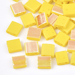 Желтый Стеклянные бусины из непрозрачного стекла, 2-луночное, прямоугольные, с покрытием AB цвета, желтые, 5x4.5~5.5x2~2.5 мм, отверстие : 0.5~0.8 мм