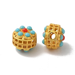 Матовый Золотой Цвет Обшивка стойки плоские круглые латунные бусины, с синтетической бирюзовой бусиной, долговечный, без свинца и без кадмия, матовый золотой цвет, 12x11 мм, отверстие : 3 мм