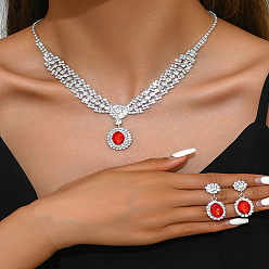 Рубин Овальные латунные подвески-ожерелья со стразами и комплекты серег-гвоздиков, рубин, ожерелья: 13.39 дюйм(340мм); серьги: 35x15мм