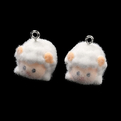 Овца Флокированные подвески из непрозрачной смолы, с платиновыми тоновыми железными петлями, очарование животных, белые, овца, 20x17.5x18 мм, отверстие : 2 мм