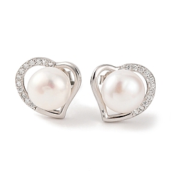 Real Platinum Plated 925 Sterling Silver Heart Stud Earrings, with Natural Pearl & Clear Cubic Zirconia, Real Platinum Plated, 11x11.5mm