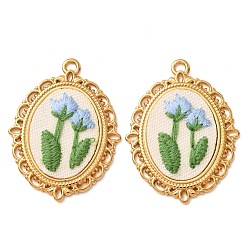 Bleu Ciel Clair 304 Acier inoxydable avec pendentifs en tissu, placage ionique (ip), ovale avec breloques fleurs, réel 18 k plaqué or, lumière bleu ciel, 40x30x4.5mm, Trou: 2.5mm