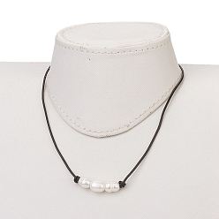 Black Grade B Natural Freshwater Pearl Necklaces, with Cowhide Leather Cord, Black, 14.96 inch(38cm)