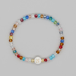 Letter N Handmade Bohemian Colorful Faceted Rondelle Glass Beaded Stretch Bracelets, Alphabet Natural White Shell Bracelets for Women, Letter N, Inner Diameter: 2.36 inch(6cm)