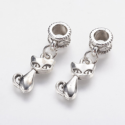 Античное Серебро Котенок из сплава в тибетском стиле европейские подвески с подвесками, Подвески с большими отверстиями, кошка, античное серебро, 28.5 мм, отверстие : 5 мм, Кулон : 17x8.5x2 мм