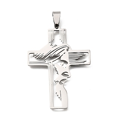 Stainless Steel Color Easter 201 Stainless Steel Pendants, Cross with Jesus Face Charms, Stainless Steel Color, 50x35x1.5mm, Hole: 8.4x4.5mm