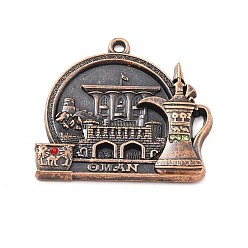 Red Copper Tibetan Style Alloy Rhinestone Pendants, Flat Round with Oman Theme Pattern, Red Copper, 41x45x4mm, Hole: 2.5mm