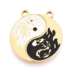 Настоящее золото 18K 304 из нержавеющей стали эмали сплит подвески, дракон с амулетами инь-ян, ионное покрытие (ip), белый / черный, реальный 18 k позолоченный, 24.5x22.5x1.5 мм, отверстие : 2 мм