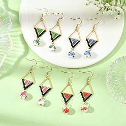 Mixed Color 304 Stainless Steel with Cylinder Seed Beads Dangle Earrings, Rhombus, Handmade Flower Printed Porcelain Ceramic Beads Dangle Earrings, Golden, Mixed Color, 62x18.5mm