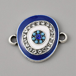 Medium Blue Alloy Enamel Evil Eye Connector Charms, with Crystal Rhinestones, Antique Silver, Curved Flat Round, Medium Blue, 17x20x3mm,Hole:1.60mm